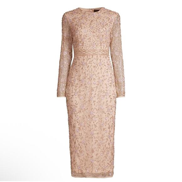 Mac Duggal Beaded Tea Length Midi Dress W/ Sheer Sleeves Porcelain Size 6 NWT